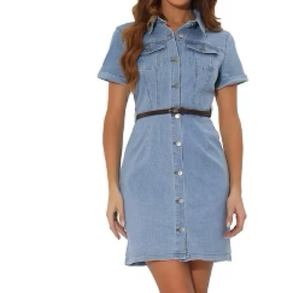 Allegra K Dresses & Skirts - Allegra-K Denim Button-Up XL Dress with Brown Belt  2 Front Pockets Short Sleeve